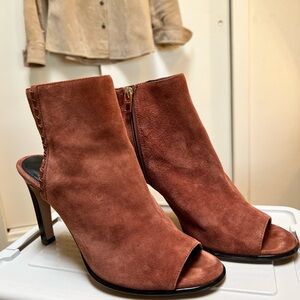 COACH Women's Suede Peep-Toe Heeled Booties in Rust